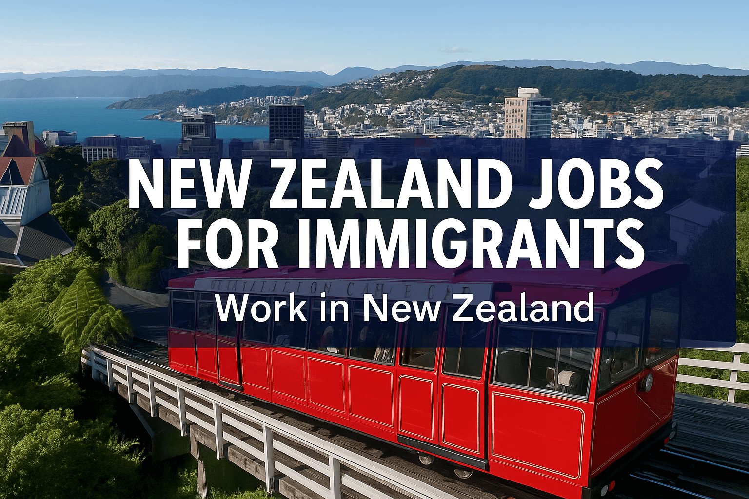 Red Wellington Cable Car overlooking downtown skyline and harbor, over-laid with bold white headline ‘New Zealand Jobs for Immigrants – Work in New Zealand’