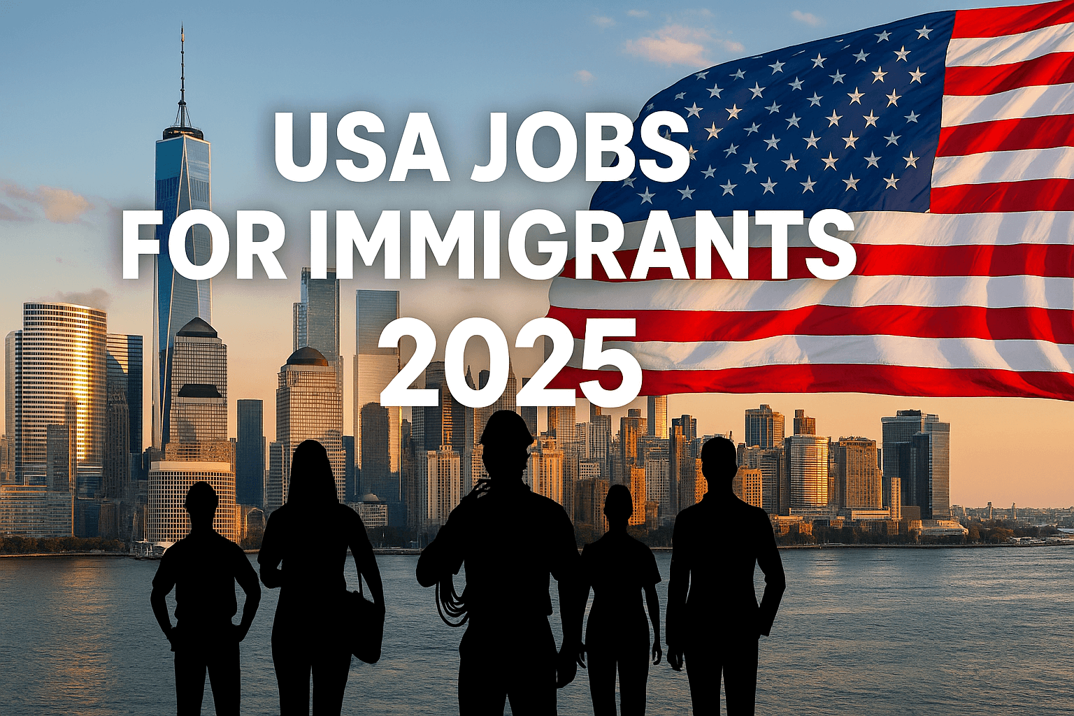 Sunset skyline of New York City with a large U.S. flag and white headline that reads ‘USA Jobs for Immigrants 2025’; silhouettes of diverse workers stand in the foreground symbolizing opportunity.