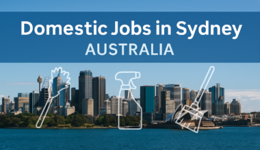 Sydney skyline with Opera House in front, over-laid by headline text ‘Domestic Jobs in Sydney Australia for foreigners’ and subtle line-icons of cleaning tools.