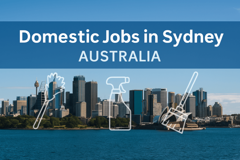 Sydney skyline with Opera House in front, over-laid by headline text ‘Domestic Jobs in Sydney Australia for foreigners’ and subtle line-icons of cleaning tools.