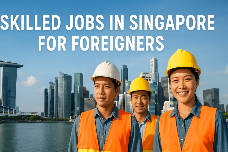 Three smiling construction professionals in safety gear stand in front of Singapore’s Marina Bay skyline. Large headline text reads “Skilled Jobs in Singapore for Foreigners.