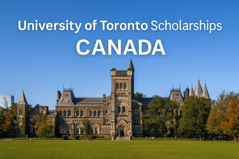 Stone façade of University College at the University of Toronto on a bright day, overlaid with headline text ‘University of Toronto Scholarships – CANADA’ in blue and white.