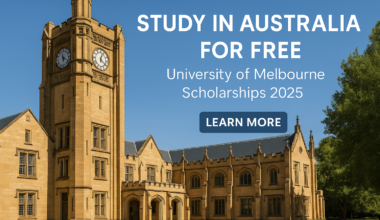 University of Melbourne main campus building with blue overlay and bold headline text that reads ‘Study in Australia for Free – University of Melbourne Scholarships 2025’ alongside a ‘Learn More’ call-to-action.