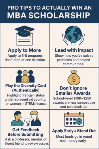 Infographic showing pro tips on how to win mba scholarships for international students, including applying to multiple programs, highlighting impact, leveraging diversity, considering smaller awards, getting feedback, and applying early.
