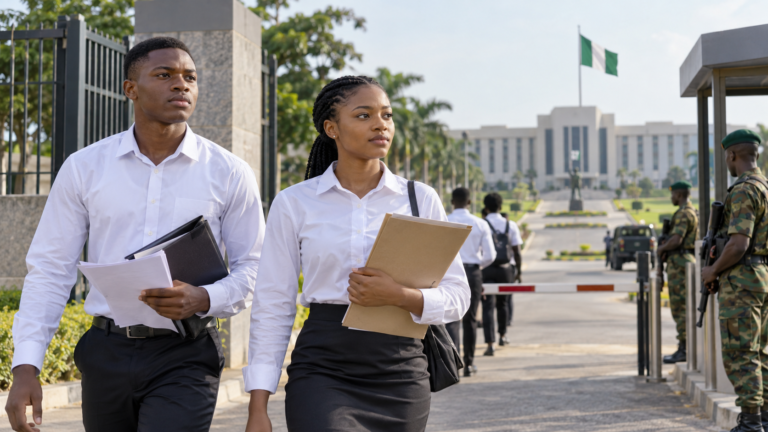 Young male and female NDA applicants carrying application documents toward a guarded Nigerian Defence Academy entrance with the Nigerian flag flying in the background.