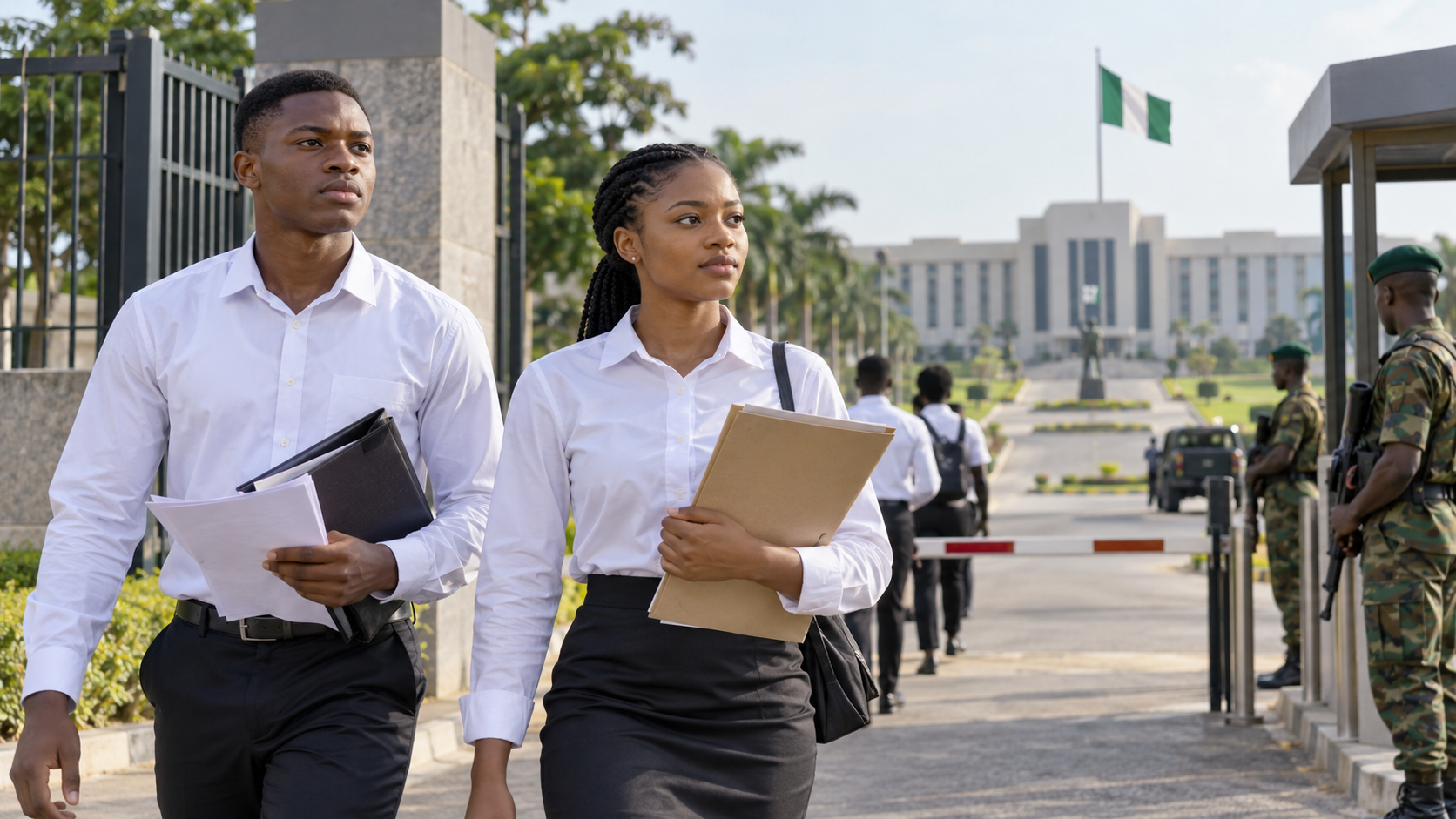 Young male and female NDA applicants carrying application documents toward a guarded Nigerian Defence Academy entrance with the Nigerian flag flying in the background.