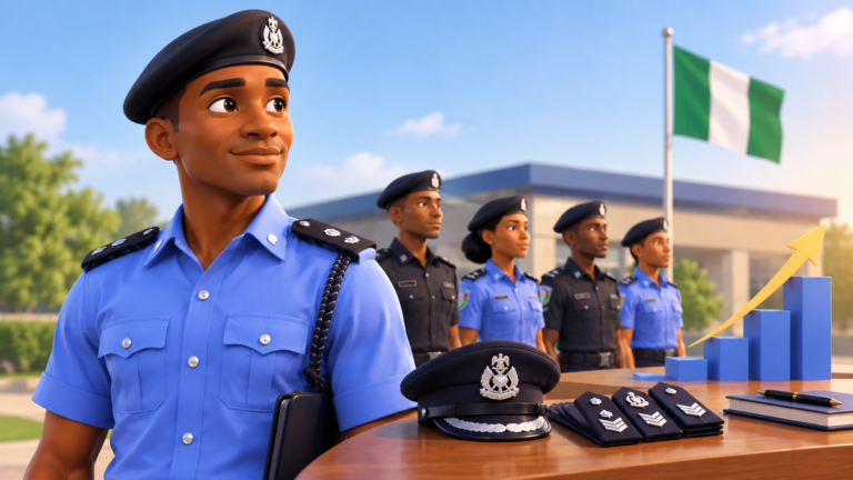 3D illustration of a Nigerian police officer standing beside fellow officers, with a police cap, rank insignia, and an upward career growth chart representing Nigerian Police ranks, salary structure, and entry-level career progression
